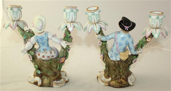 A pair of Meissen figural candelabra, later 19th century, height 19.5cm, typical minor losses to flowers